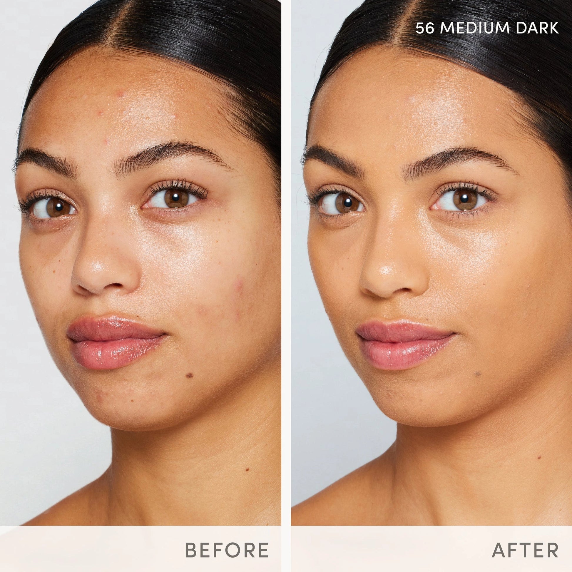 Jane Iredale Skintuition SPF30 Radiance-Boosting Liquid Foundation 56 Medium Dark voor een stralende huid, voor en na toepassing.
