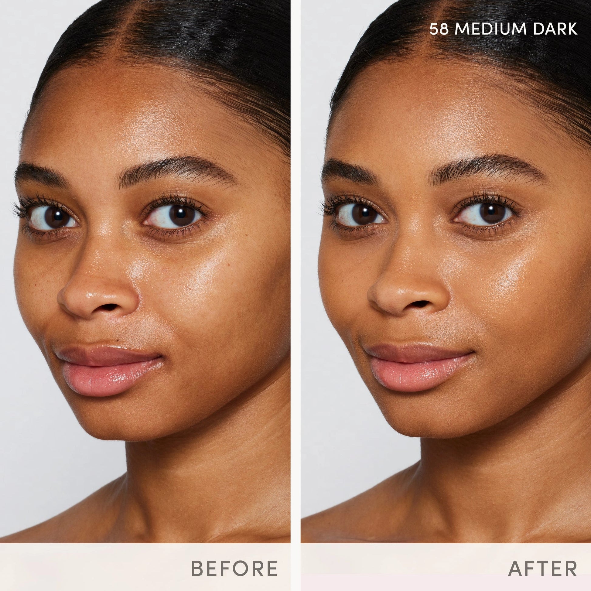 Jane Iredale Skintuition SPF30 Radiance-Boosting Liquid Foundation 58 Medium Dark voor en na foto met warm gouden ondertoon