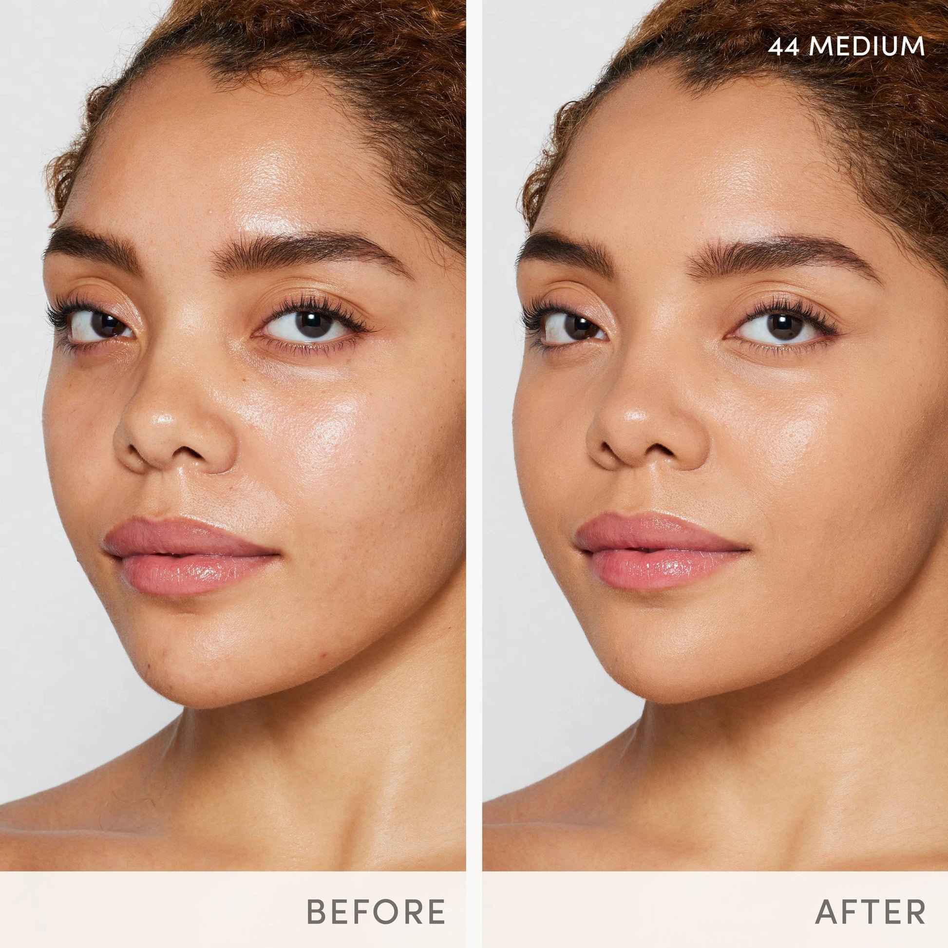Jane Iredale Skintuition SPF30 Radiance-Boosting Liquid Foundation 44 Medium 30ml voor een stralende huid, voor en na gebruik.