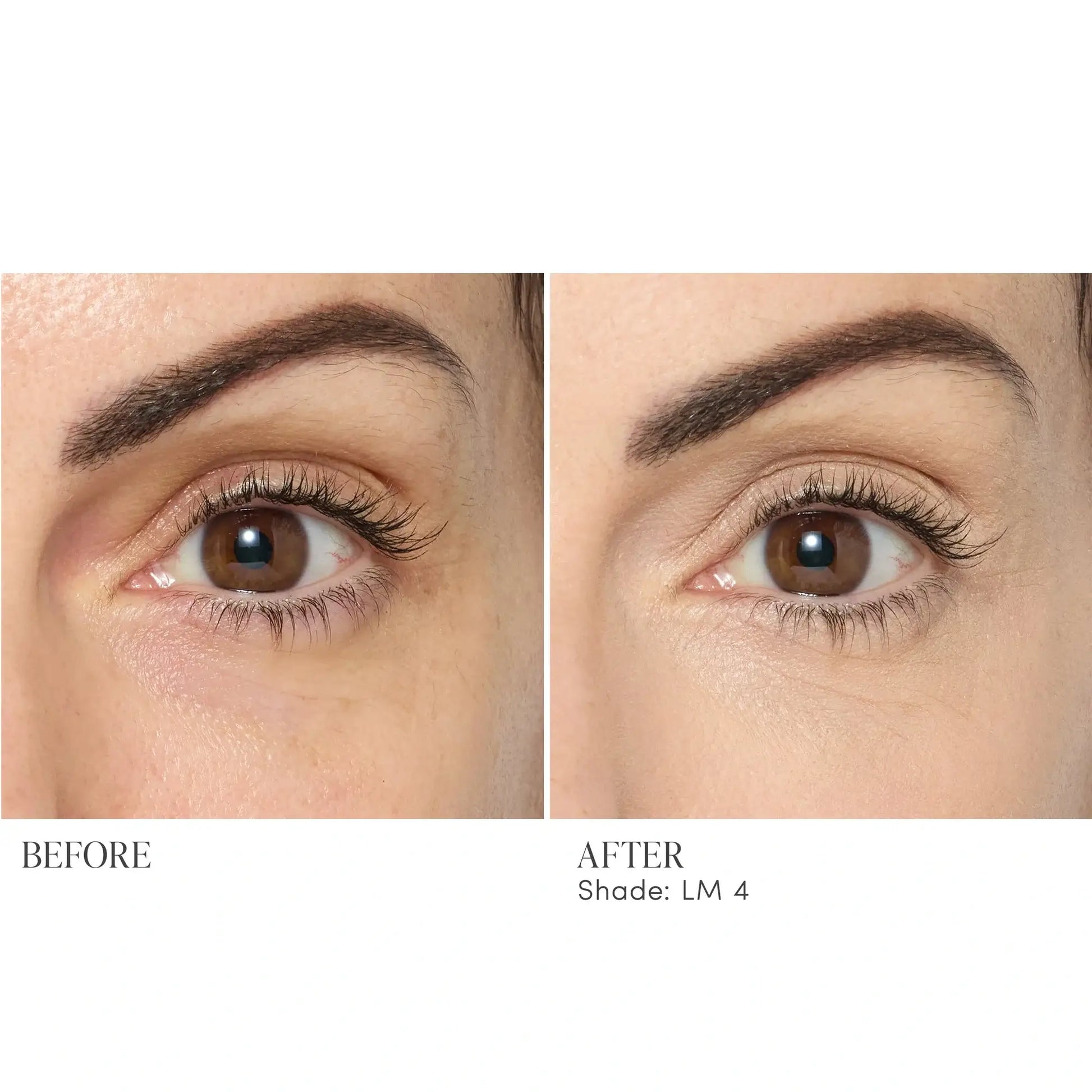 Jane Iredale Skintuition Brightening Under Eye Concealer LM4 voor een frisse, heldere uitstraling van de ogen, zichtbaar voor en na gebruik.