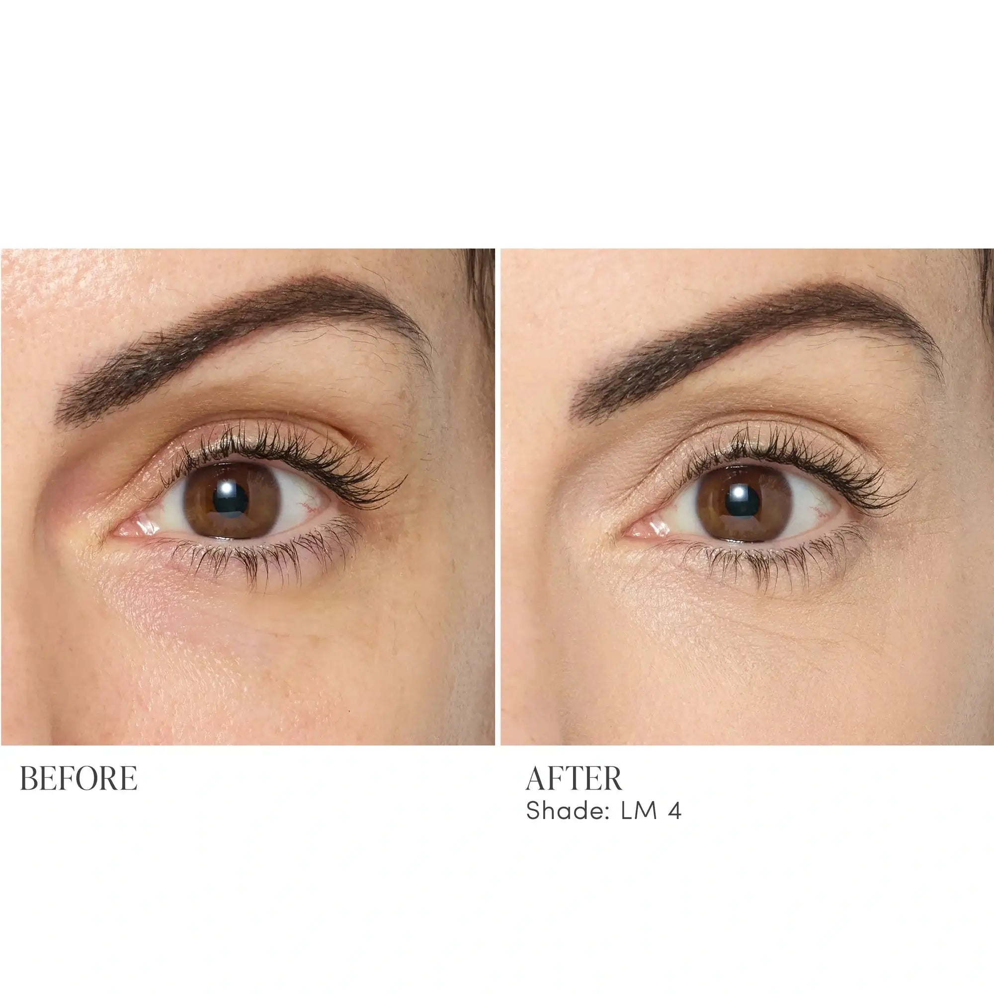 Jane Iredale Skintuition Brightening Under Eye Concealer LM4 voor een frisse, heldere uitstraling van de ogen, zichtbaar voor en na gebruik.