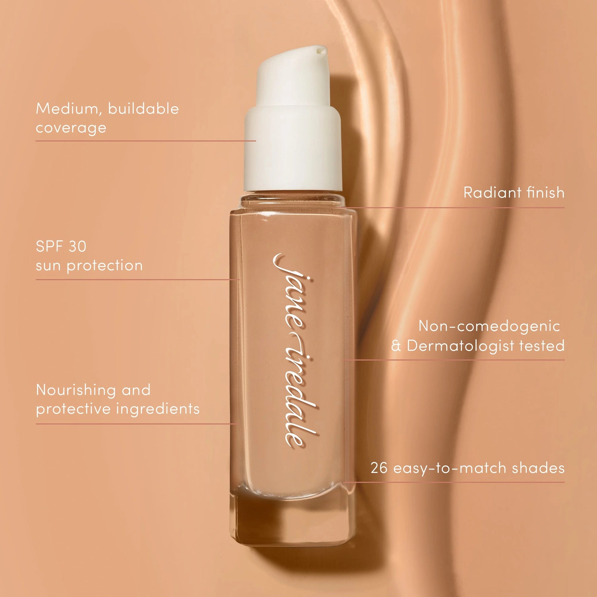 Jane Iredale Skintuition SPF30 Radiance-Boosting Liquid Foundation 84 Deeper 30ml met SPF 30 en medium coverage in een stralende verpakking.