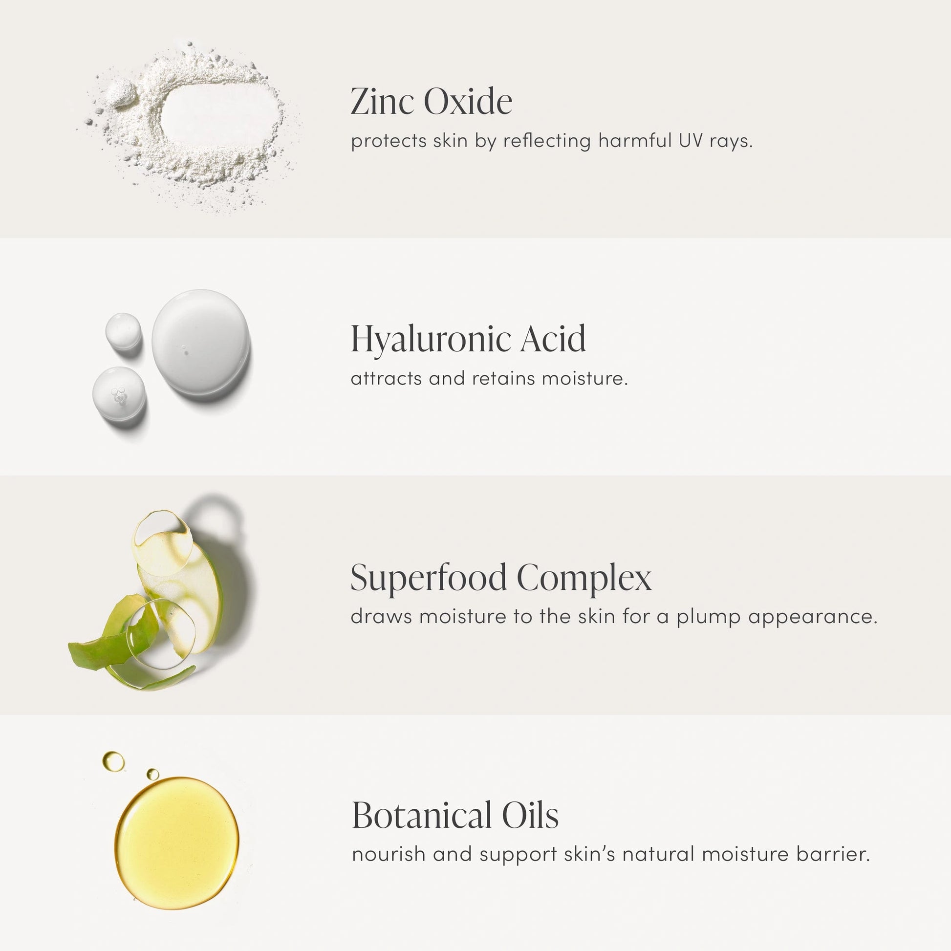 Zinkoxide, Hyaluronzuur, Superfood Complex, en Botanische Oliën ingrediënten voor huidverzorging