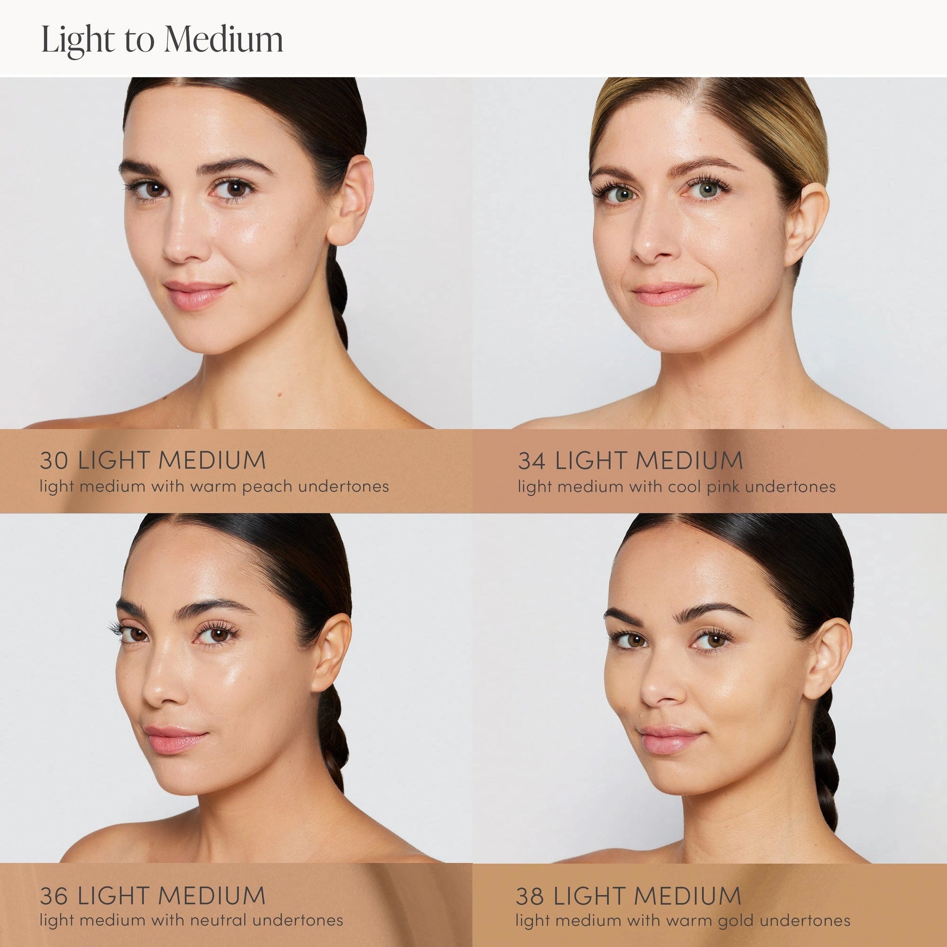 Jane Iredale Skintuition SPF30 Radiance-Boosting Liquid Foundation 38 Light Medium 30ml in het overzicht van light to medium tinten met warme gouden ondertoon.