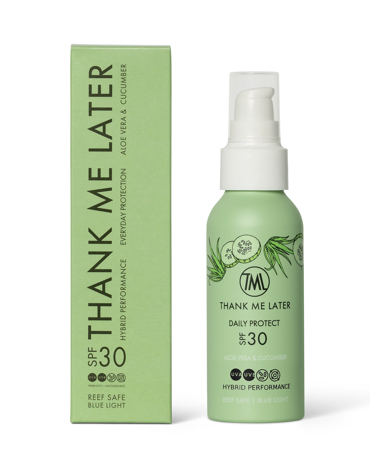 Thank Me Later Daily Exposure Sunscreen Cucumber & Aloe Vera 100ml flacon met groene verpakking en pompspray voor dagelijkse bescherming