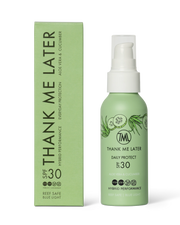 Thank Me Later Daily Exposure Sunscreen Cucumber & Aloe Vera 100ml flacon met groene verpakking en pompspray voor dagelijkse bescherming