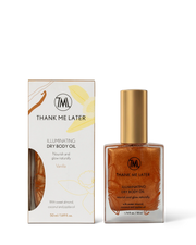 Thank Me Later Illuminating Dry Body Oil Vanilla 50ml met gouden glans en natuurlijke ingrediënten voor stralende huidverzorging.