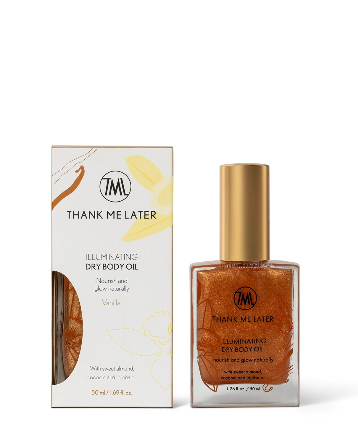 Thank Me Later Illuminating Dry Body Oil Vanilla 50ml met gouden glans en natuurlijke ingrediënten voor stralende huidverzorging.