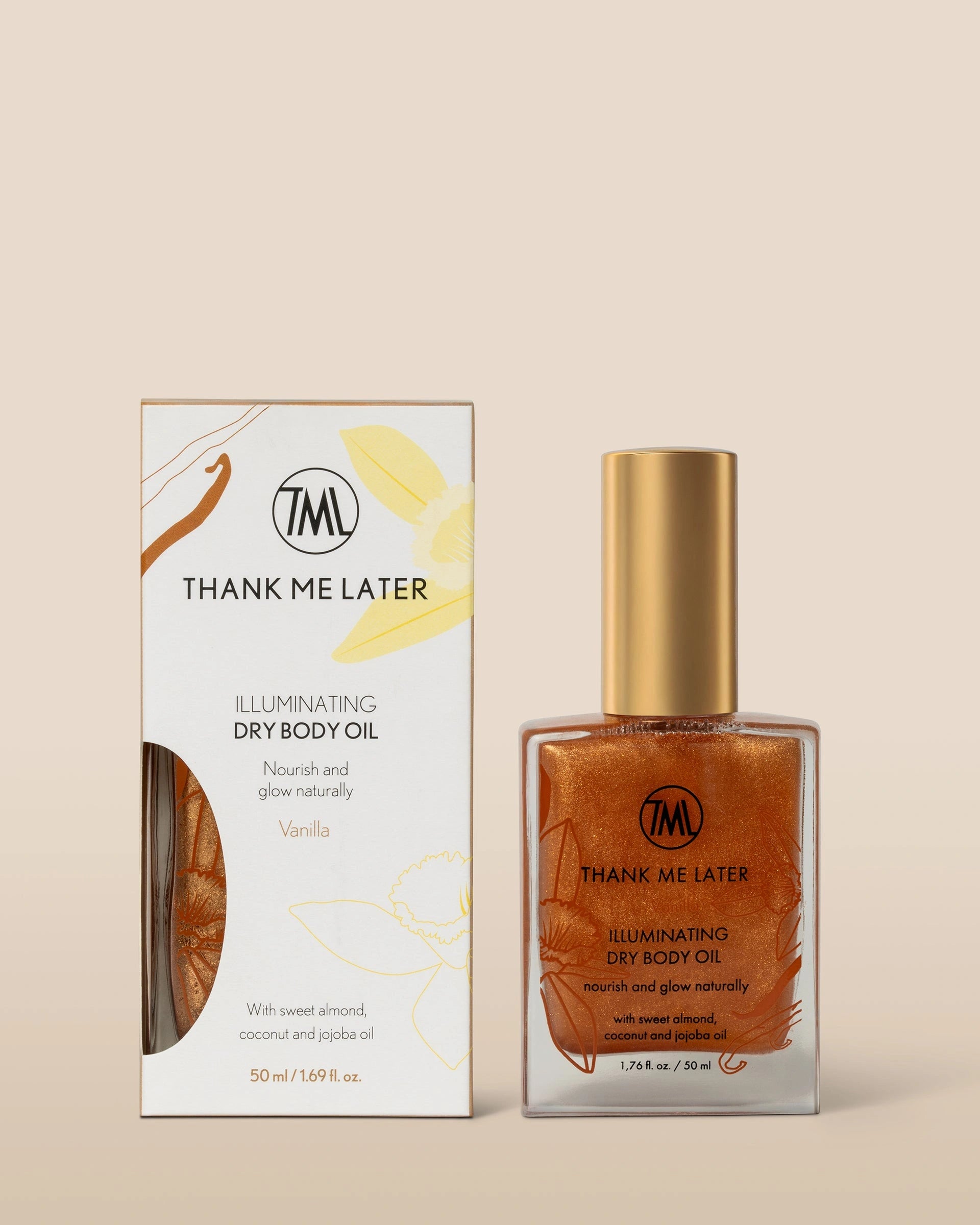 Thank Me Later Illuminating Dry Body Oil Vanilla 50ml in elegant packaging, showcasing the golden shimmer and nourishing ingredients.