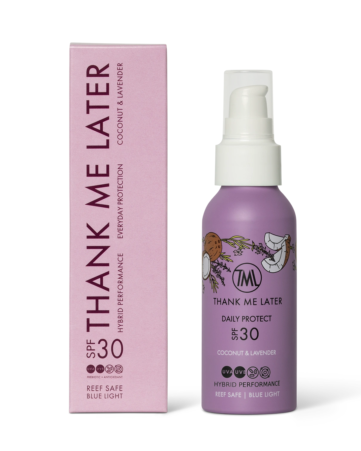 Thank Me Later Daily Exposure Sunscreen Lavender & Coconut 100ml in verpakking en sprayflacon met SPF 30 bescherming.