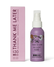 Thank Me Later Daily Exposure Sunscreen Lavender & Coconut 100ml in verpakking en sprayflacon met SPF 30 bescherming.