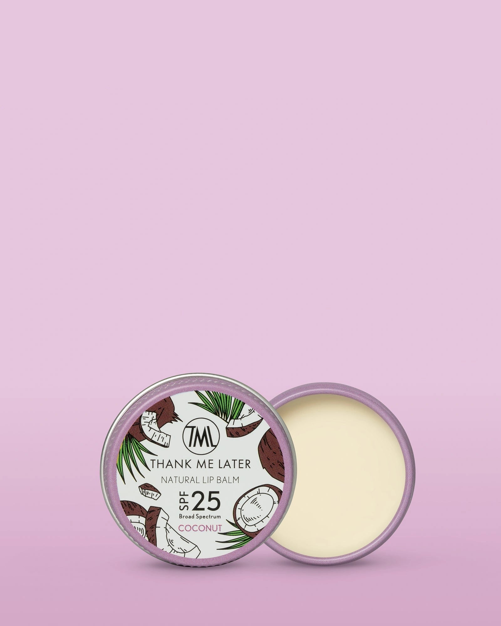 Thank Me Later Natural Lip Balm SPF25 Coconut 10g in metalen verpakking met kokosnootprint op lichte achtergrond