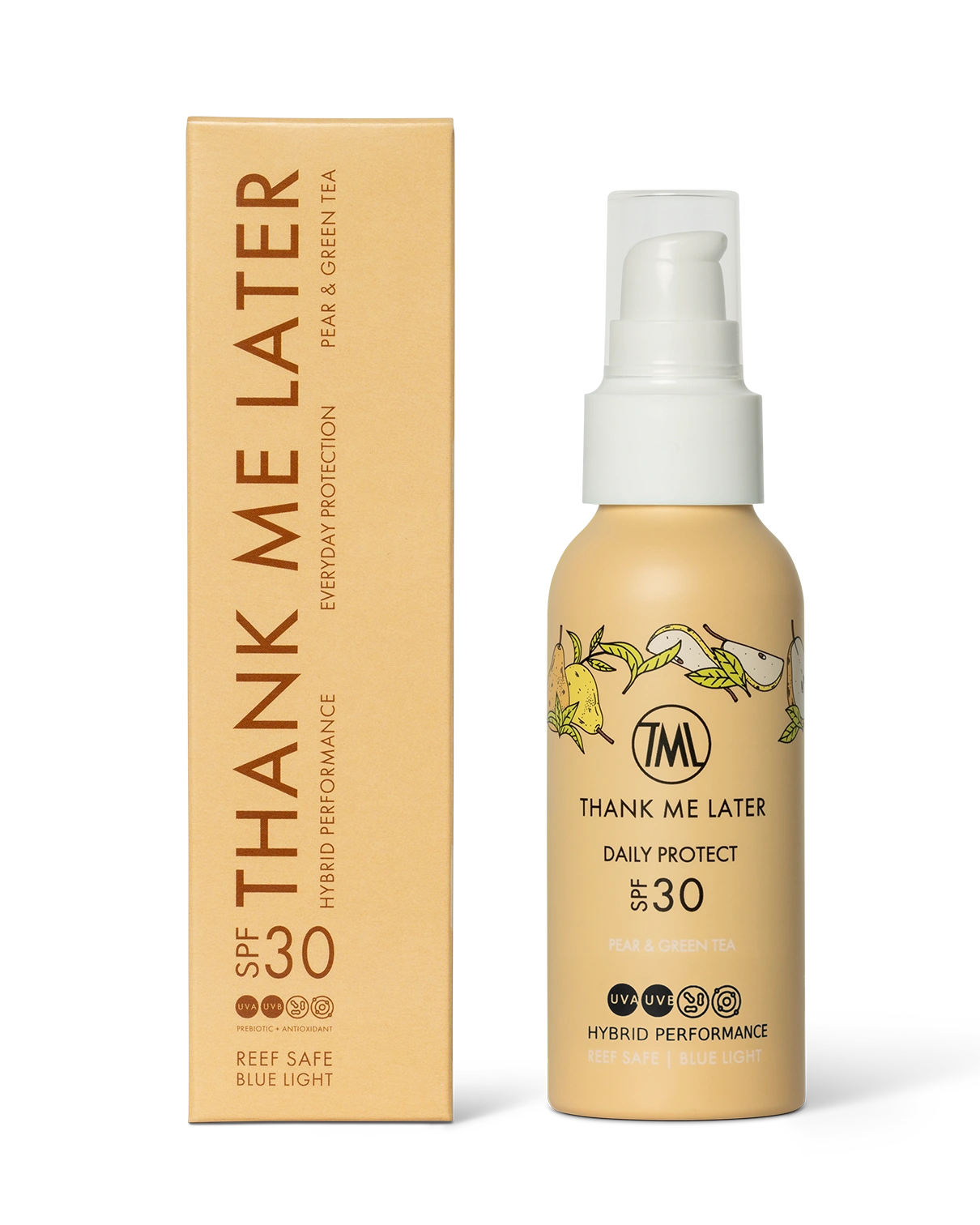 Thank Me Later Daily Exposure Sunscreen Pear & Green Tea 100ml met verpakkingen, SPF30 en antioxidanten voor dagelijkse bescherming.