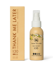 Thank Me Later Daily Exposure Sunscreen Pear & Green Tea 100ml met verpakkingen, SPF30 en antioxidanten voor dagelijkse bescherming.