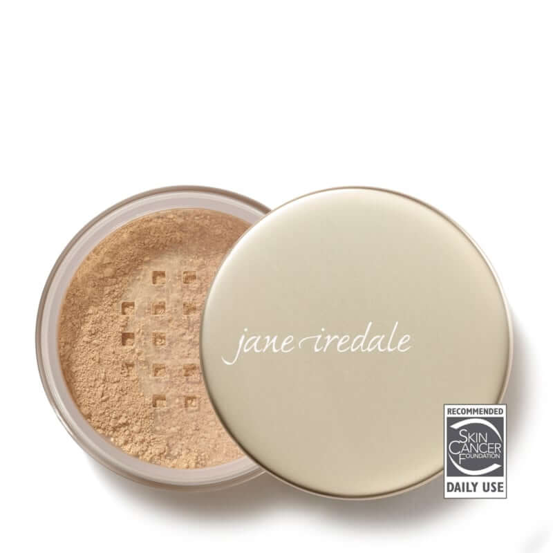 Jane Iredale - Amazing Base® SPF20 - Latte 10,5g, luchtige minerale foundation met zijdezachte textuur in geopend potje.