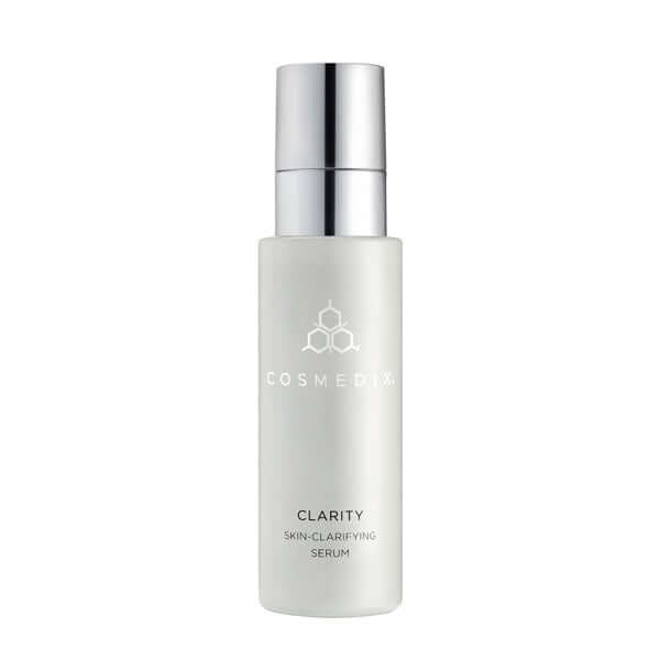 Cosmedix Clarity Skin-Clarifying Serum 30ml in een elegante fles voor een zuivere huid en effectieve acne behandeling.