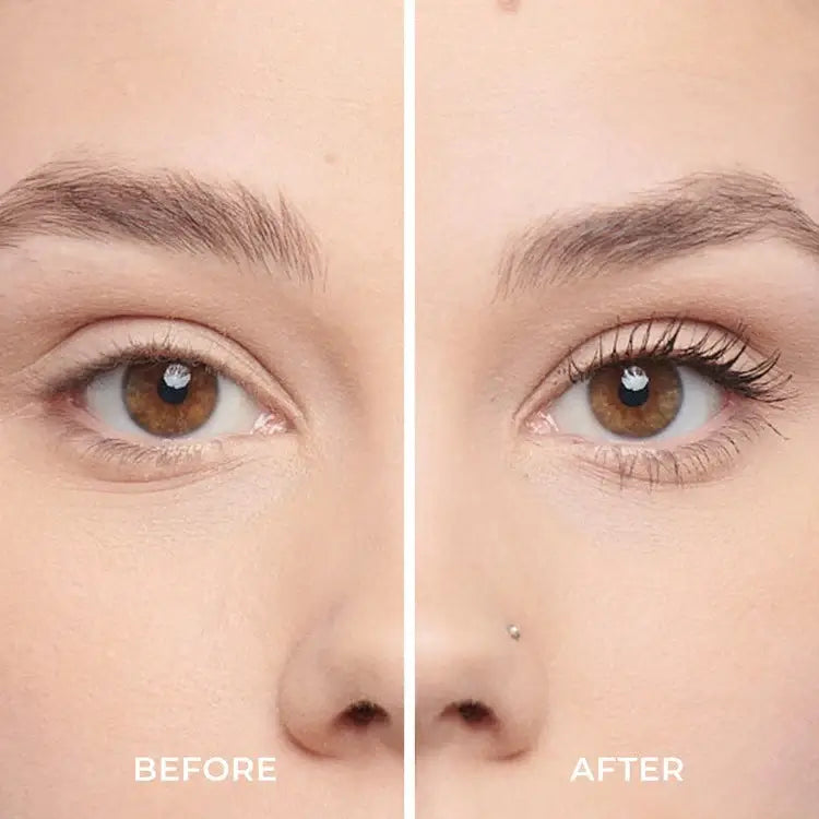 PUR Big Look Lengthening Mascara Black 5ml voor opvallende wimpers: voor en na effect op natuurlijk bruin oog.