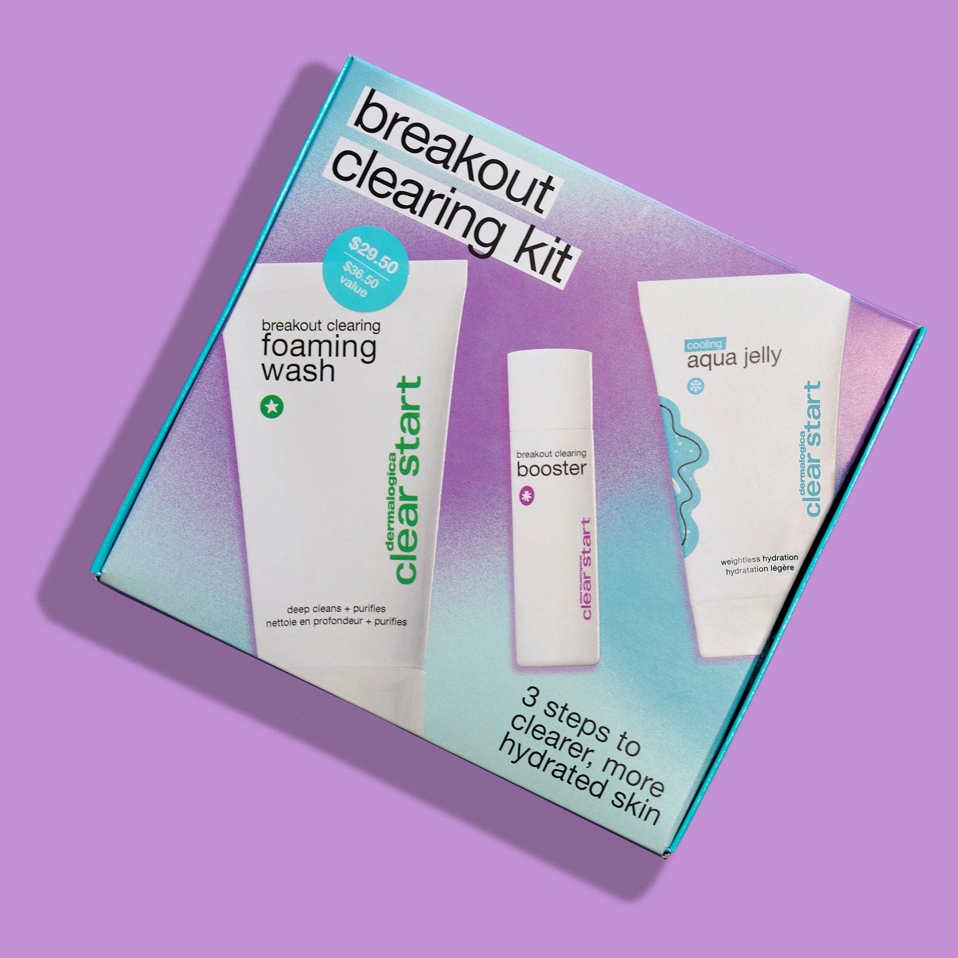 Dermalogica Breakout Clearing Kit 110ml met foaming wash, booster en aqua jelly voor acnebehandeling.