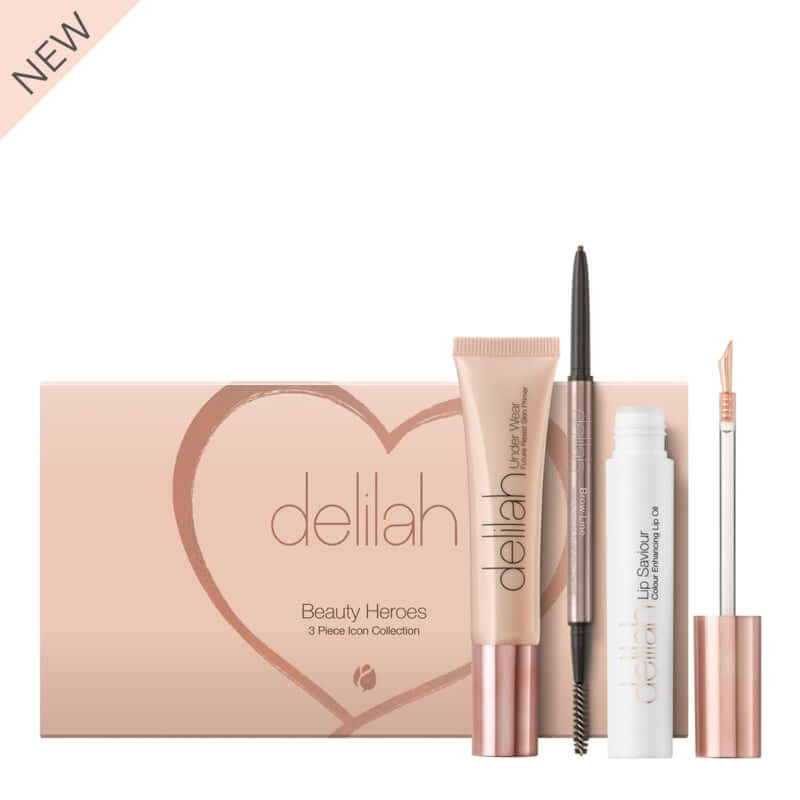 Delilah - Beauty Heroes Collection, 3-delige iconische set met Primer, Lipkleur en Wenkbrauwpotlood in elegante verpakking