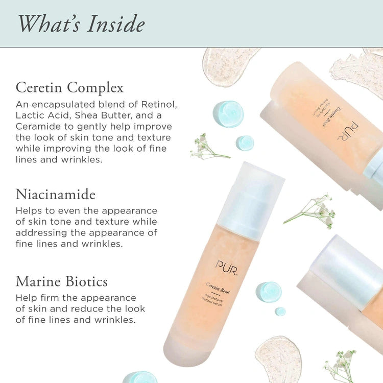 PUR Ceretin Boost Age Defying Retinol Serum 30ml met Ceretin Complex, niacinamide en marine biotics voor huidverbetering.
