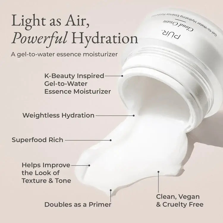 PUR Cloud Cream Gel-to-Water Hydrating Essence Moisturizer 50ml met een luchtige textuur voor krachtige hydratatie en gewichtsloze verzorging.