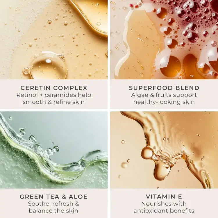 Close-up van texturen in PUR Cloud Cream Gel-to-Water Hydrating Essence Moisturizer 50ml met ceretine, superfood, groene thee en vitamine E.