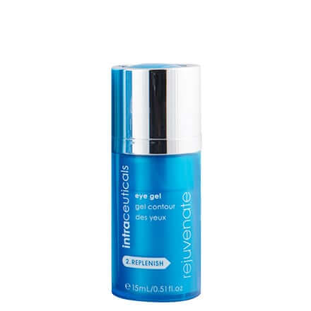 Intraceuticals Rejuvenate Eye Gel 15ml in een luxe blauwe verpakking voor vermoeide ogen met hyaluronzuur.