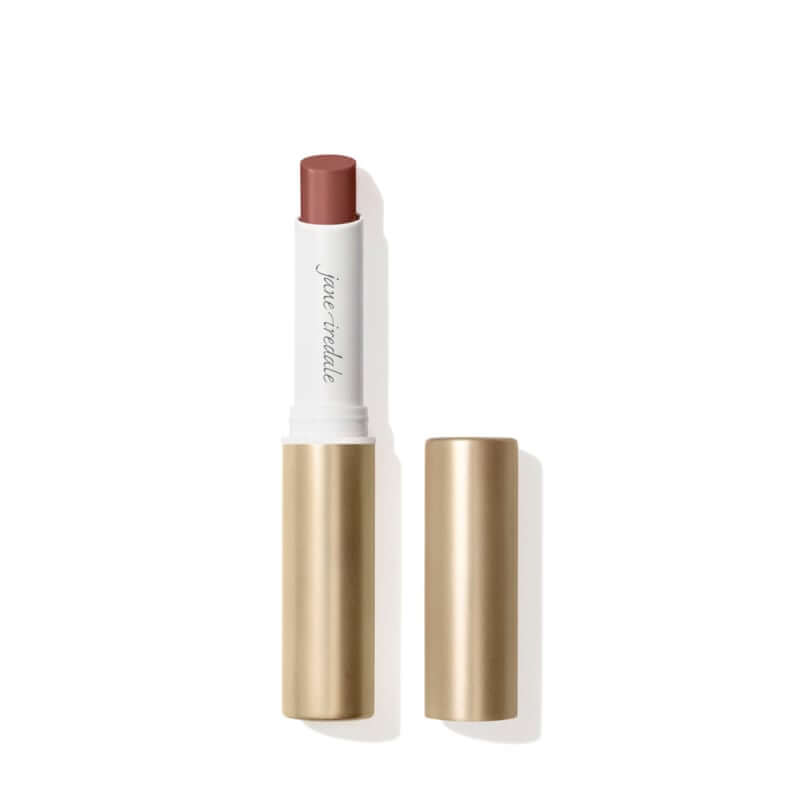 Jane Iredale ColorLuxe Hydrating Cream Lipstick -Dessert Rose 2g in een luxe gouden verpakking met rijke kleur en romige textuur.