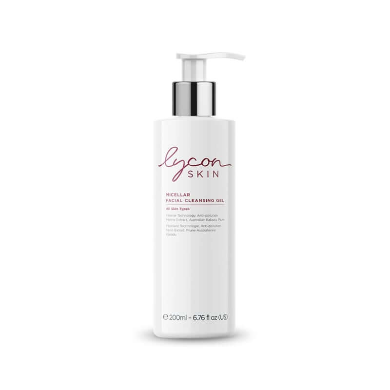 Lycon Skin - Micellar Facial Cleansing Gel 200ml in flacon met pompkop, speciaal voor alle huidtypes, ideaal voor make-up verwijdering.