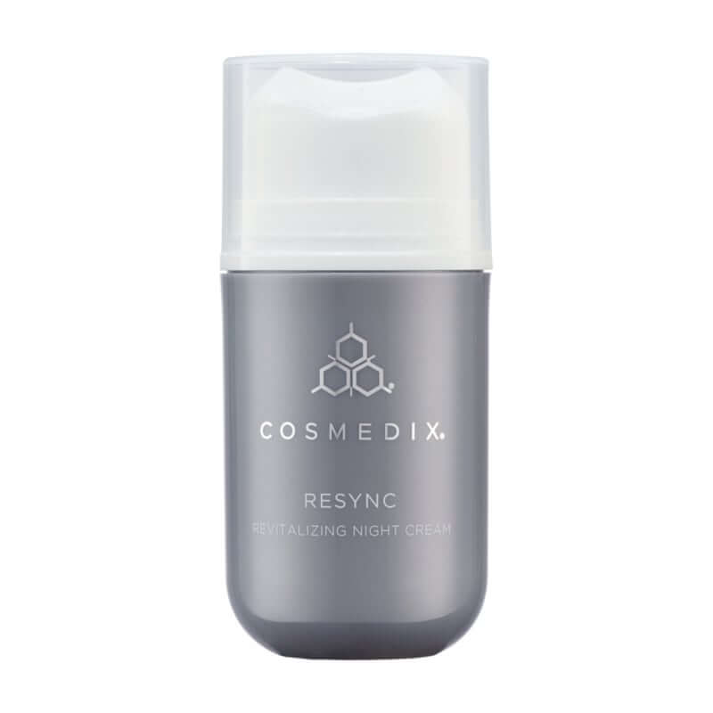 Cosmedix Resync Revitalizing Night Cream 50ml in een modern grijs potje met pomp voor optimale anti-aging verzorging.