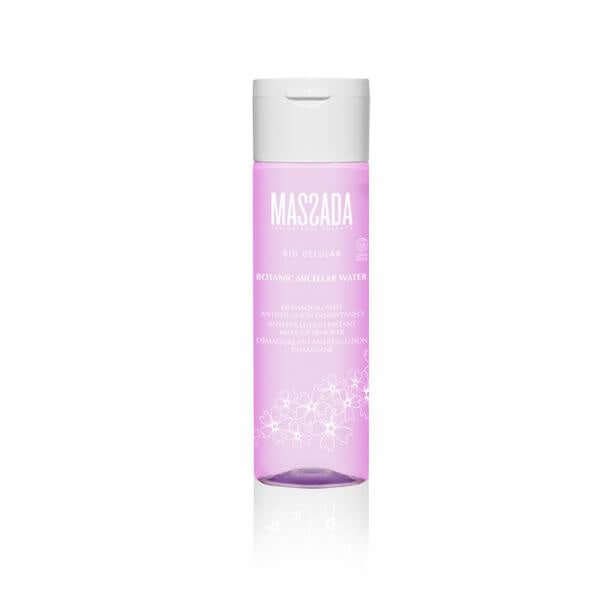 Massada BioCellular Botanic Micellar Water 200ml in een transparante fles met lila vloeistof, perfect voor diepe reiniging en make-upverwijdering.