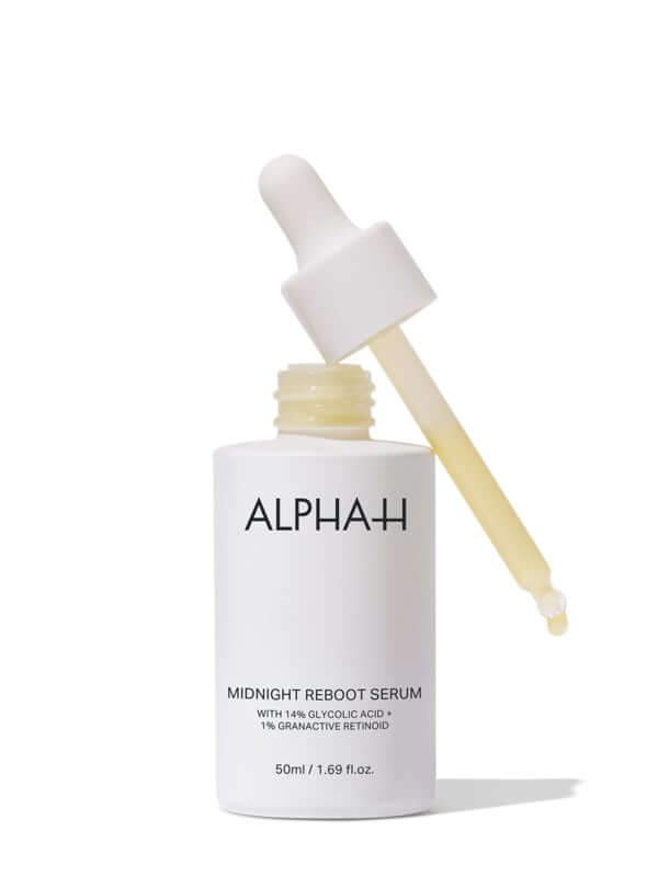 Alpha-H Midnight Reboot Serum 50ml met pipet, zichtbaar serum met glycolzuur en retinol voor huidvernieuwing.