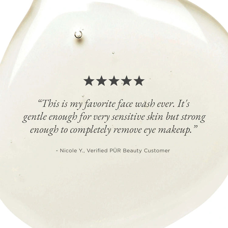 PUR Forever Clean Gentle Cleanser 150ml, testimonial quote highlighting gentleness and effectiveness on sensitive skin.