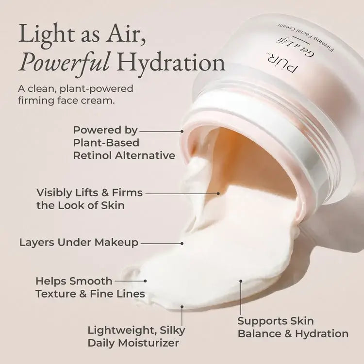 PUR Get A Lift Firming Facial Cream 50ml met zijdezachte textuur en krachtige, plantaardige hydratatie voor strakkere huid.