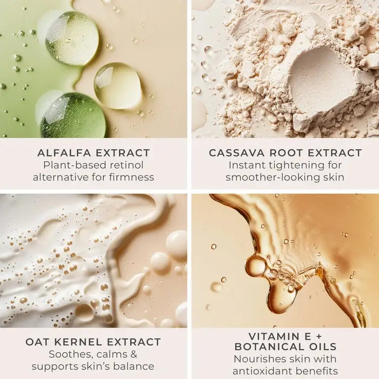 PUR Get A Lift Firming Facial Cream 50ml ingrediënten collage met Alfalfa, Cassave, Havermout en Vitamine E extracten voor huidversteviging.