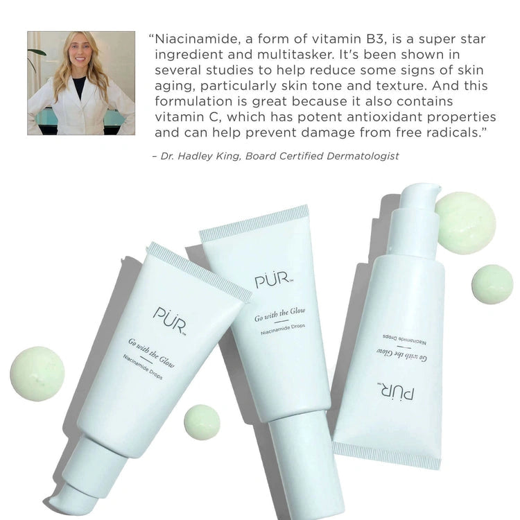 PUR Go with the Glow Niacinamide Drops 30ml en bijbehorende producten met vitamine C en natuurlijke ingrediënten