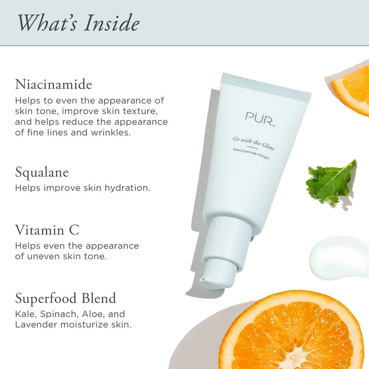 PUR Go with the Glow Niacinamide Drops 30ml met ingrediëntenlijst voor een egale huidtoon en vochtherstellende eigenschappen.