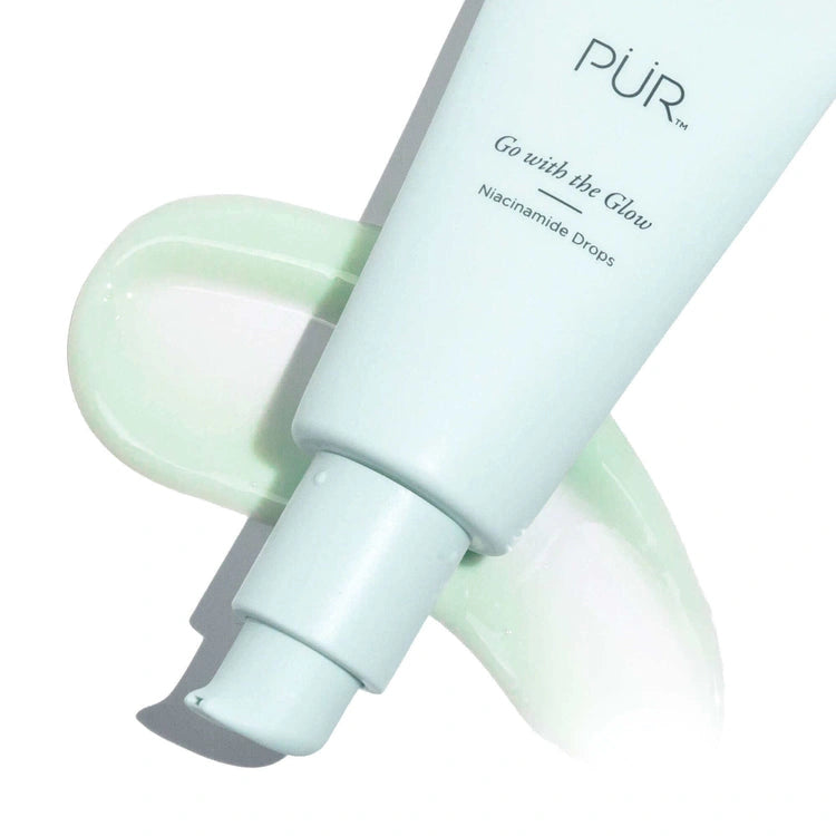 PUR Go with the Glow Niacinamide Drops 30ml met een lichtgroene serumtextuur op een witte achtergrond.