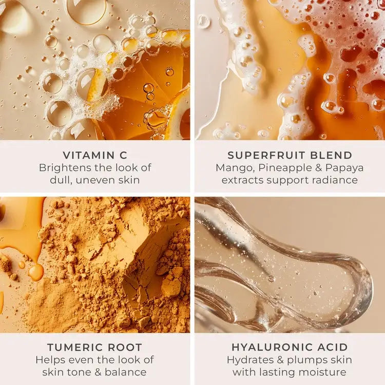 PUR Tropical C Brightening Vitamin C & Peptide Moisturizer 50ml ingredient close-up with Vitamin C, superfruit blend, turmeric, and hyaluronic acid