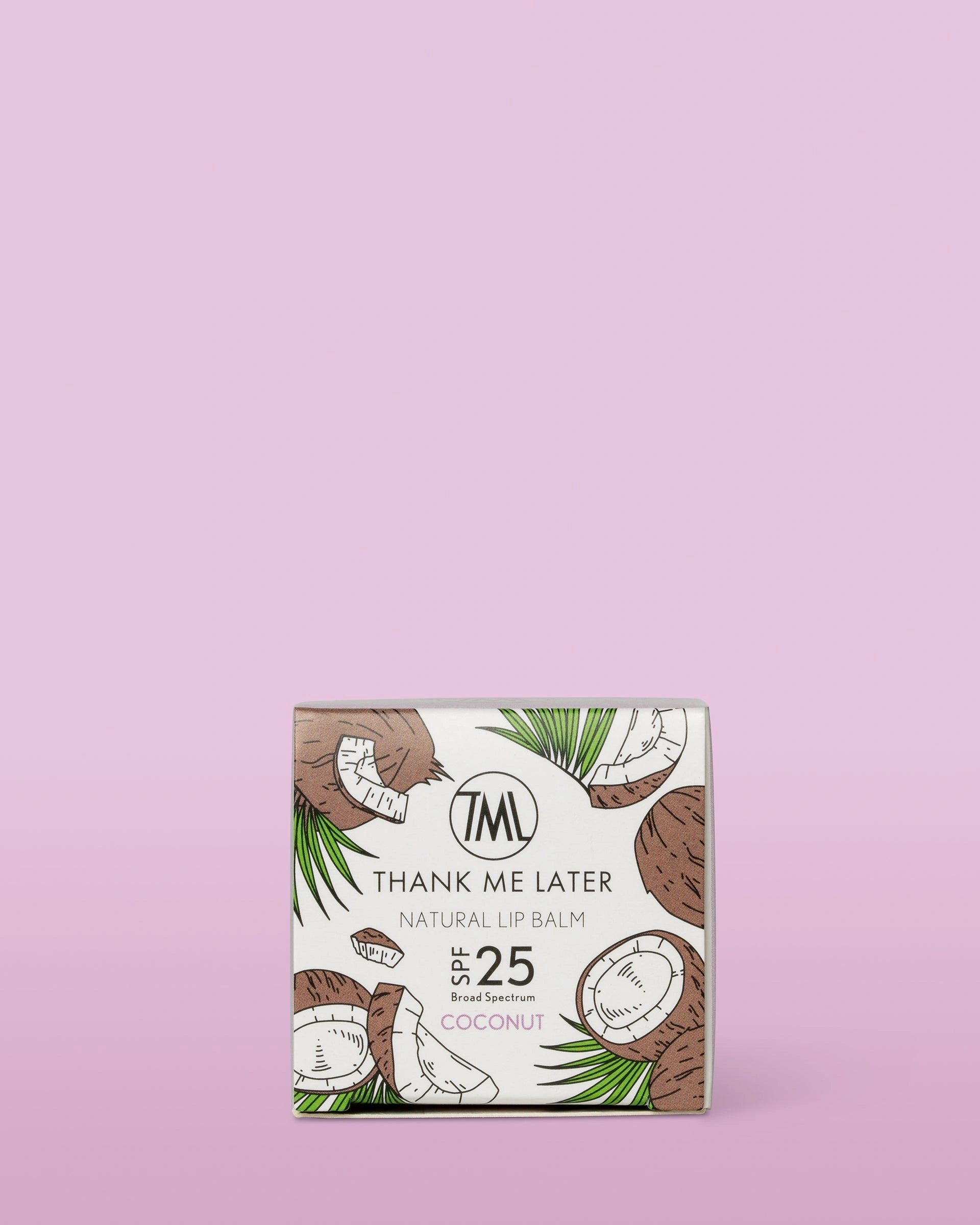 Thank Me Later Natural Lip Balm SPF25 Coconut 10g verpakking met kokosnootdesign voor voedende lipverzorging.