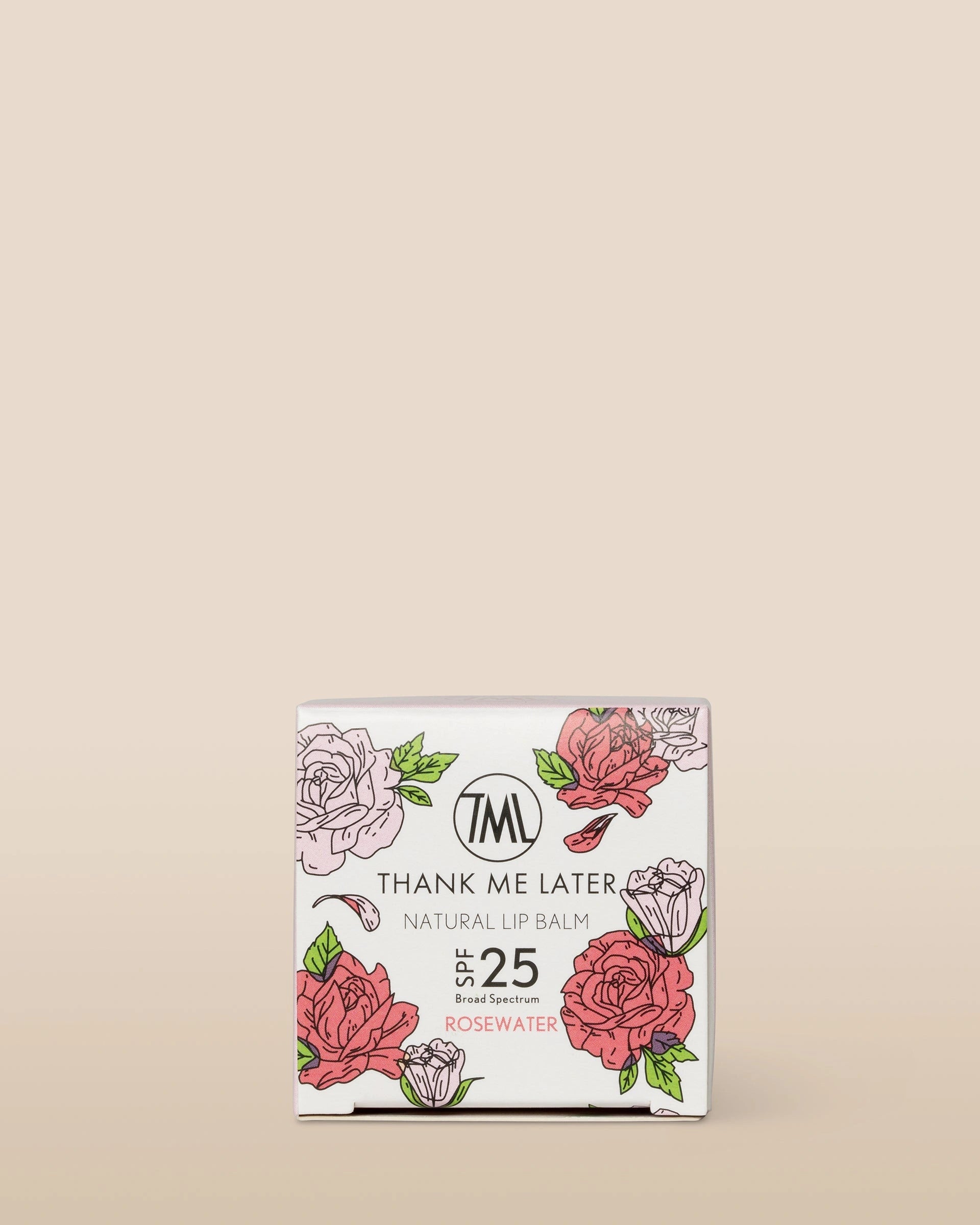 Thank Me Later Natural Lip Balm SPF25 Rosewater 10g verpakking met bloemenillustraties voor bescherming en hydratatie.
