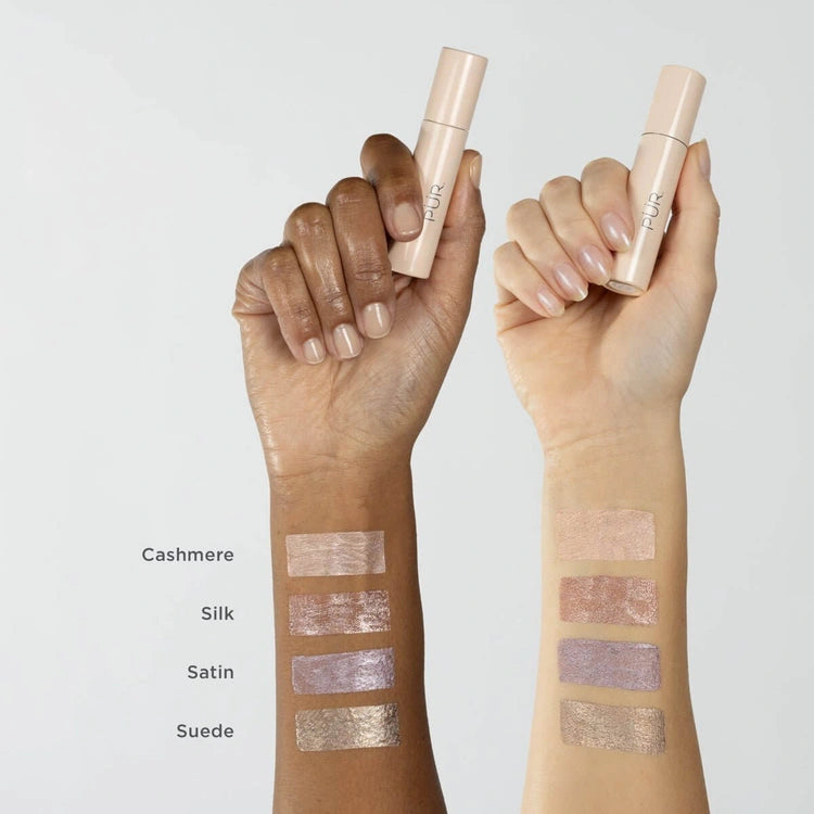 PUR On Point Tint Creamy Eyeshadow Silk 3ml met swatches in Cashmere, Silk, Satin, en Suede op verschillende huidtinten.