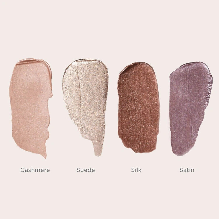 PUR On Point Tint Creamy Eyeshadow Silk 3ml - swatches van Cashmere, Suede, Silk en Satin in metallic afwerking.