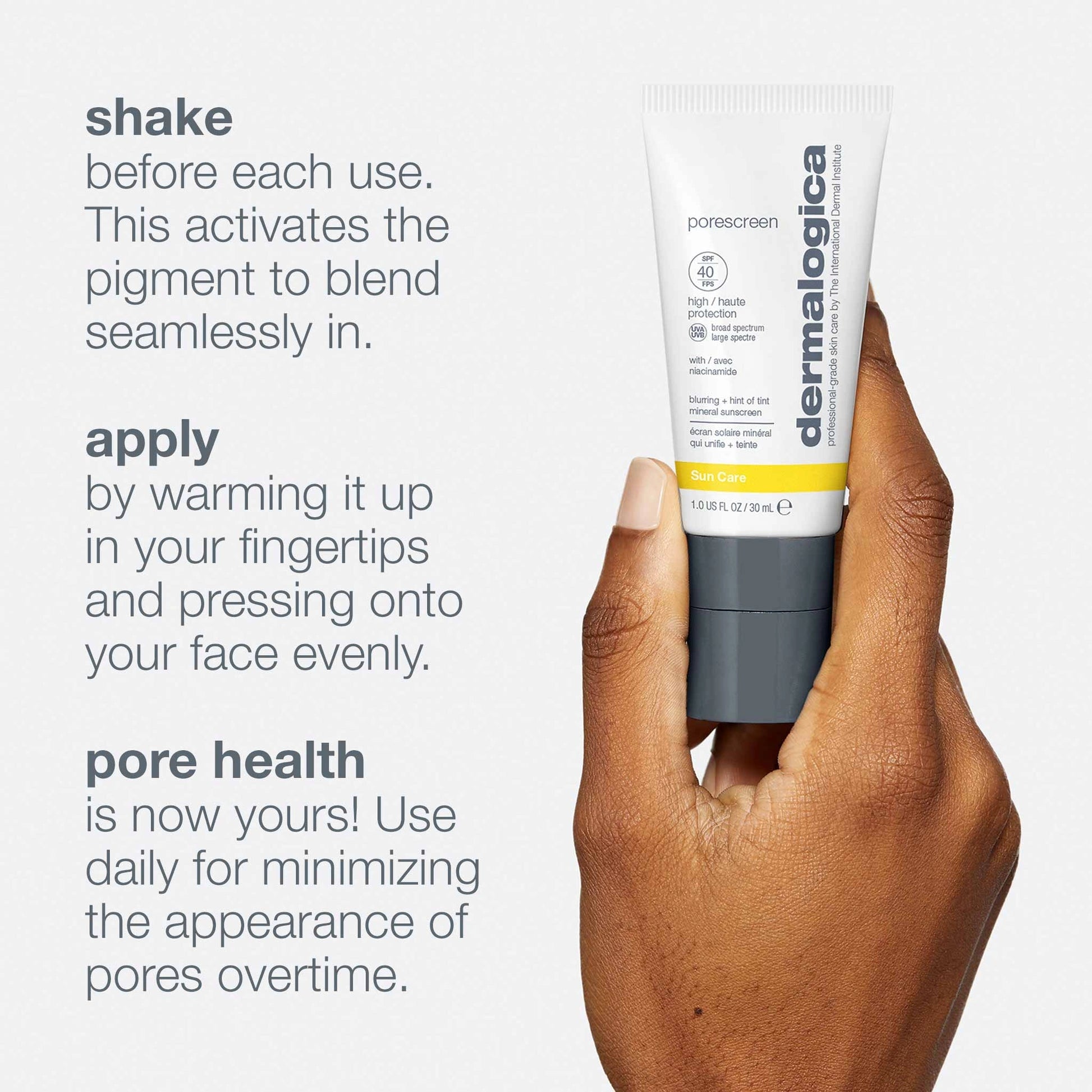 Dermalogica Porescreen SPF40 30ml in hand, showing usage instructions for minimizing pore visibility and enhancing skin health.