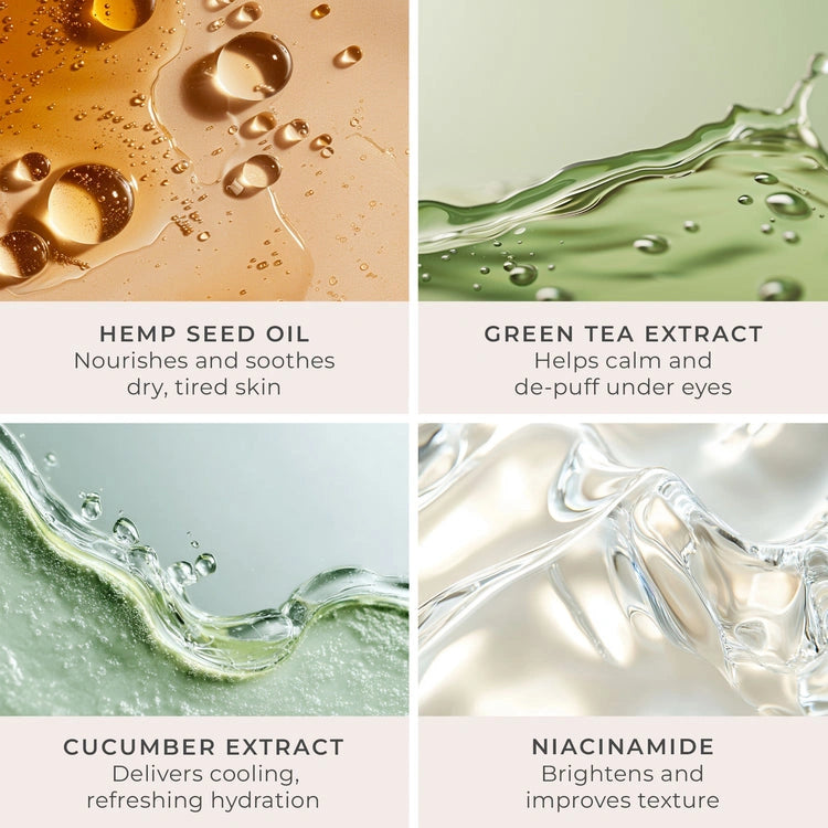 PUR Mellow Eyes Hydrogel Rejuvenating Eye Patches 60pc ingrediënten: hennepzaadolie, groene thee-extract, komkommerextract, niacinamide.