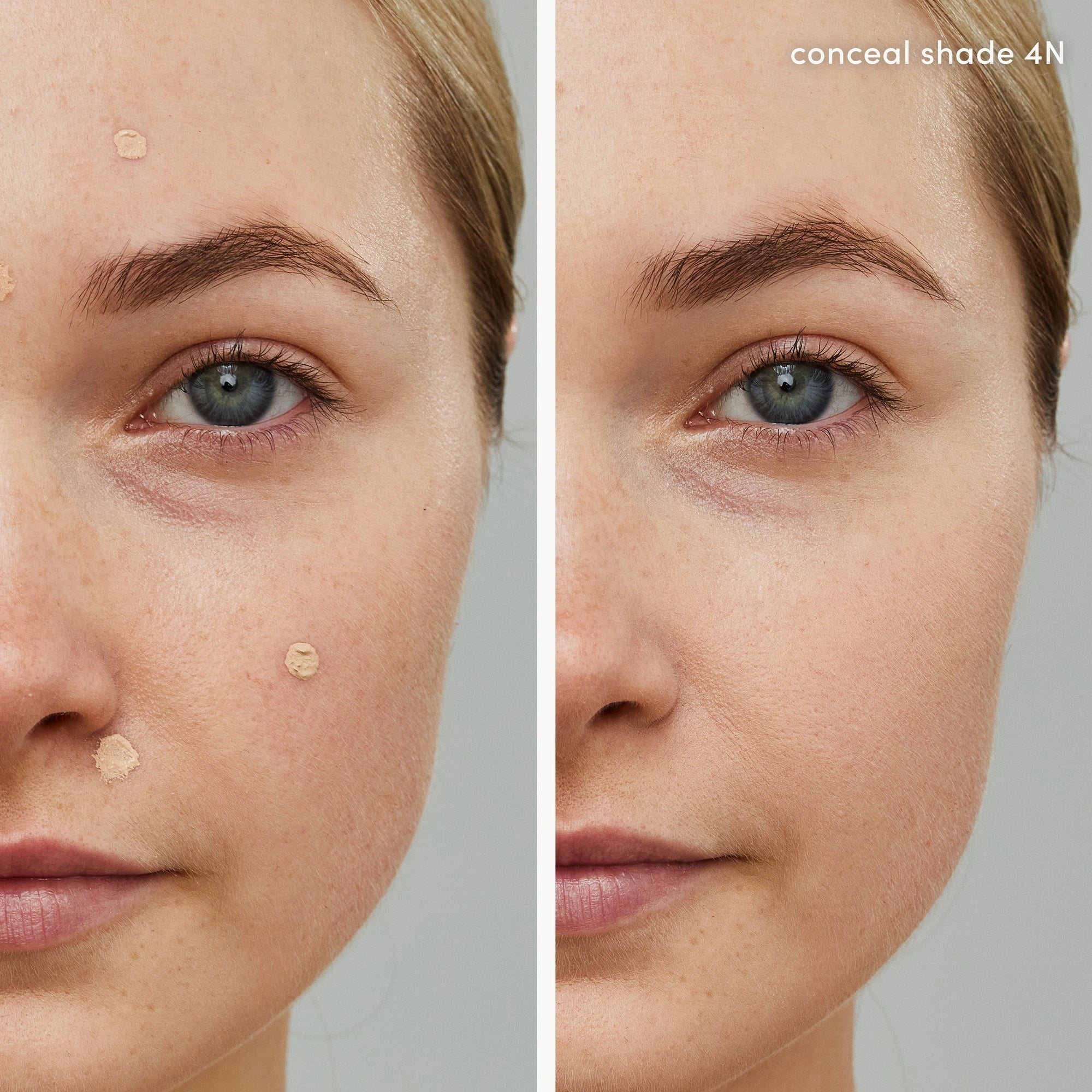 Jane Iredale PureMatch Liquid Concealer 4N Light 5ml voor perfecte dekking op de huid, zichtbaar voor en na applicatie, neutrale ondertoon.