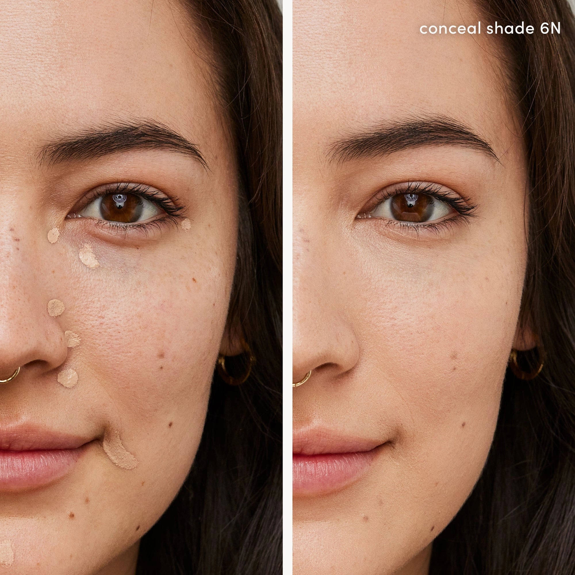 Jane Iredale PureMatch Liquid Concealer 6N Medium to Light 5ml op model, voor en na het aanbrengen, benadrukt dekking van imperfecties.