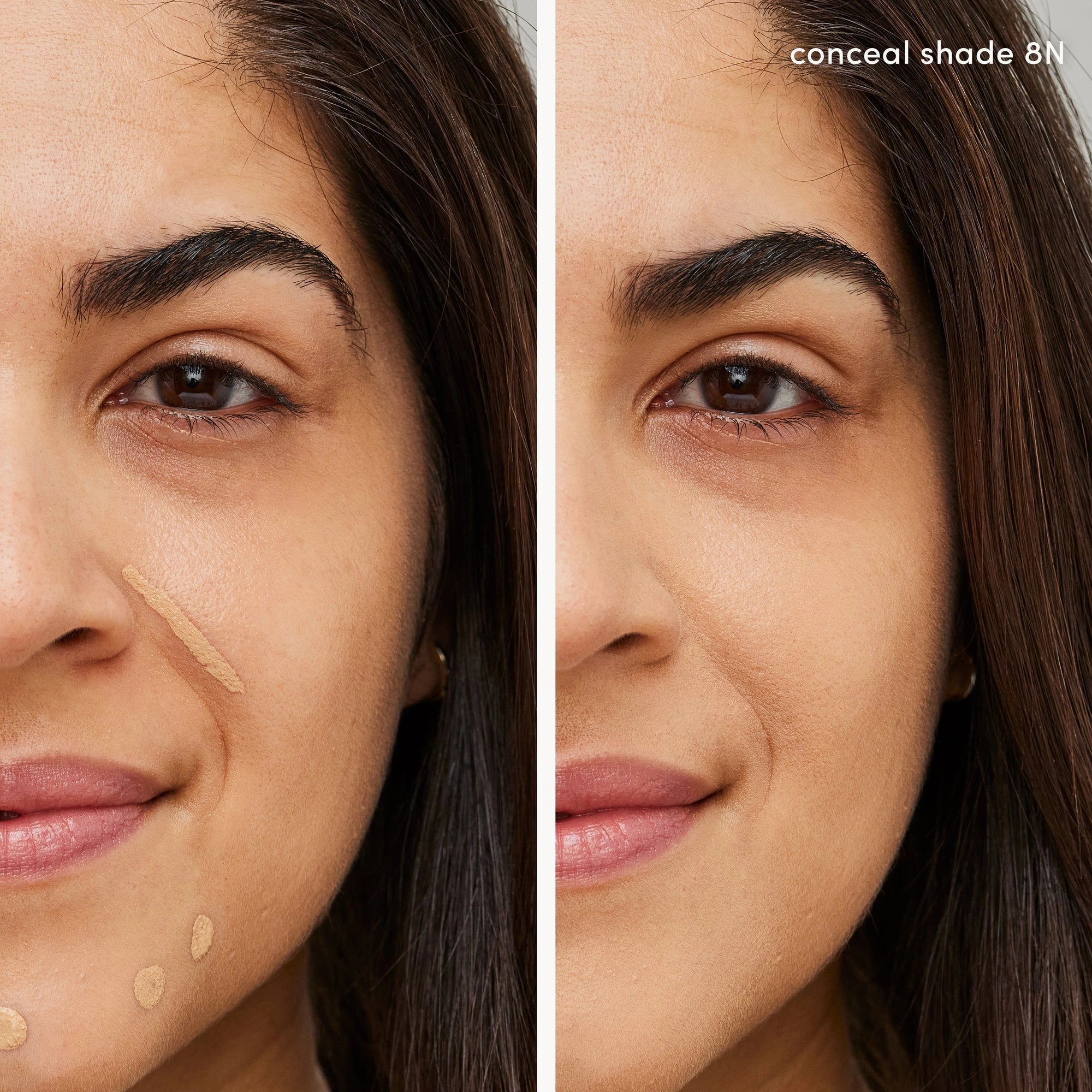 Jane Iredale PureMatch Liquid Concealer 8N Medium 5ml op model, voor en na het aanbrengen, perfect voor een medium huidtint.