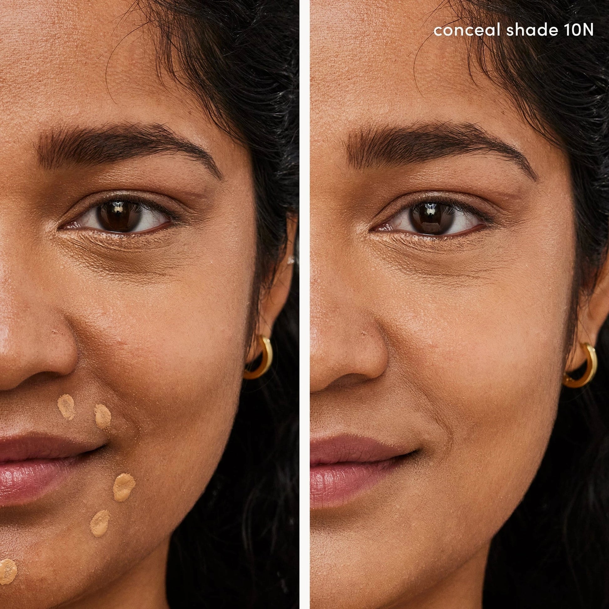 Jane Iredale PureMatch Liquid Concealer 10N Medium to Dark 5ml resultaat op model voor en na toepassing van concealer.