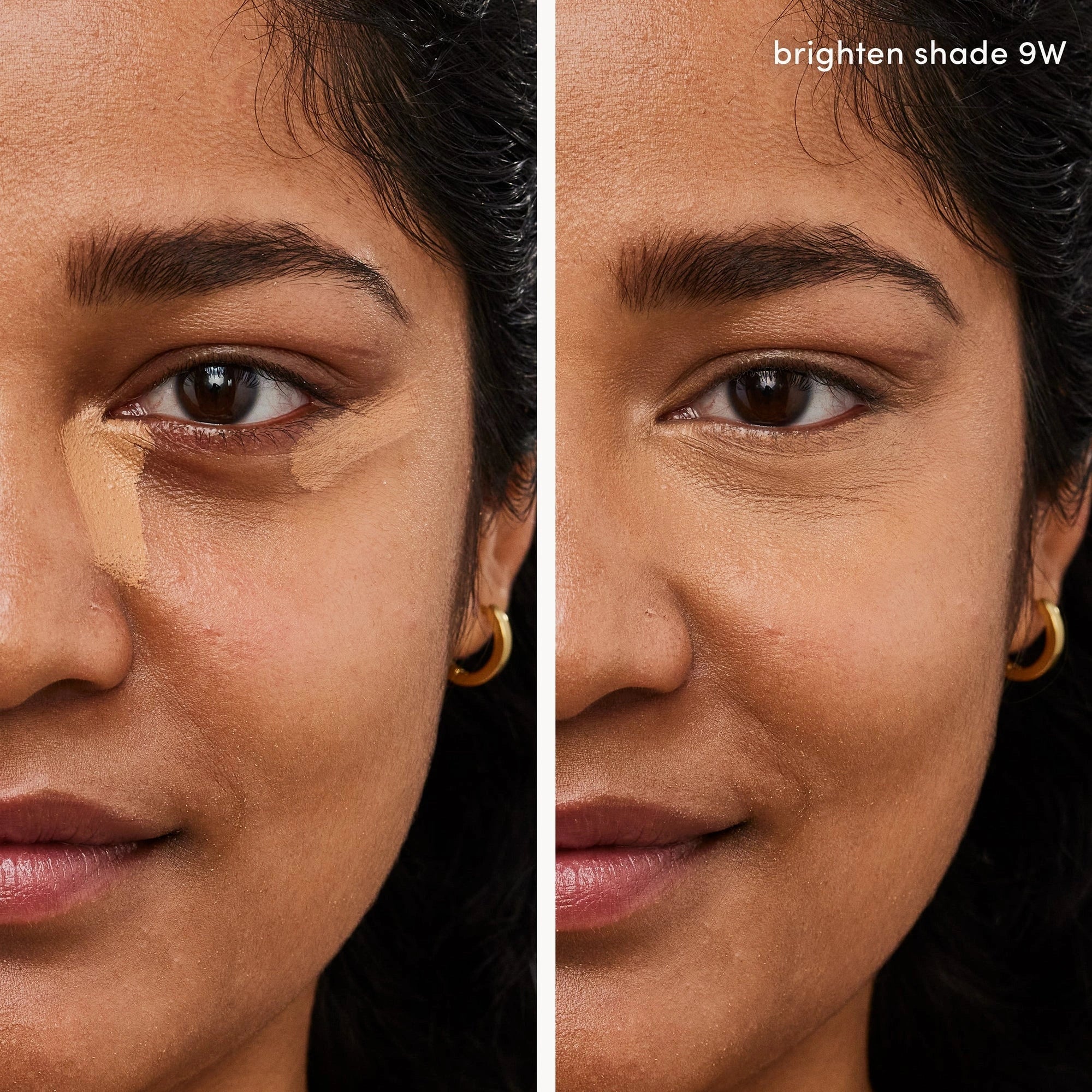 Jane Iredale PureMatch Liquid Concealer 9W Medium to Dark 5ml op model, één kant met concealer en één zonder, voor een stralende look.